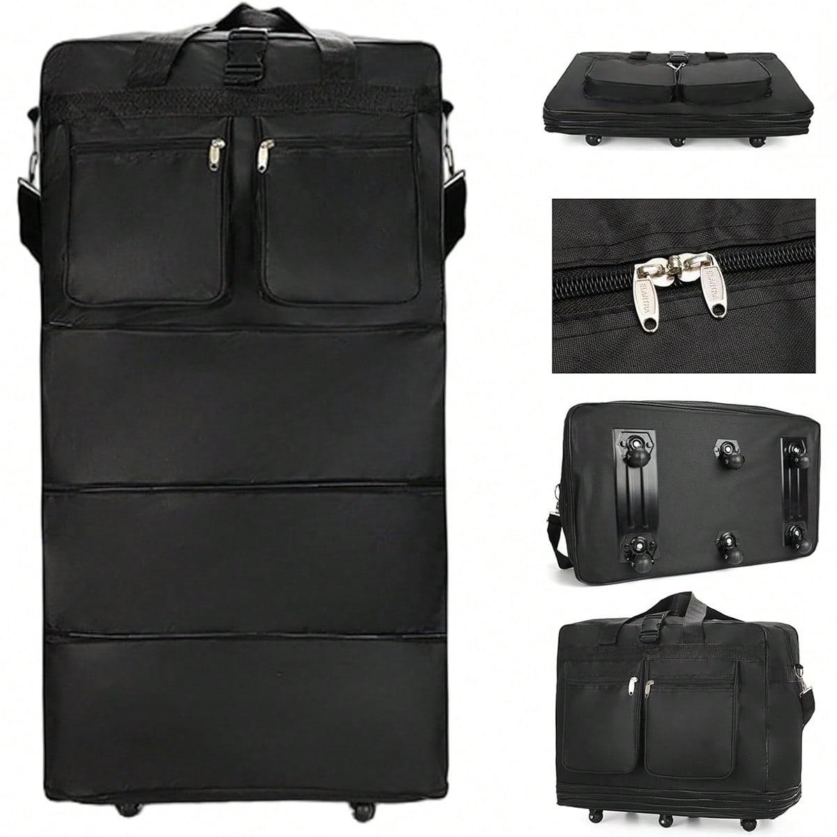 Foldable Rolling Luggage Bag - 바퀴가 달린 검은색 여행용 더플 백,